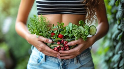 A woman in casual clothing holds a clear bowl full of fresh green herbs and vegetables, promoting healthy eating.