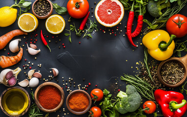 Top view of cooking ingredients on dark table with copy space