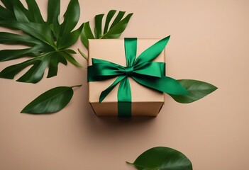 Fototapeta na wymiar Brown Cardboard Carton gift box with ribbon and bow and fresh tropical green leaves on transparent b