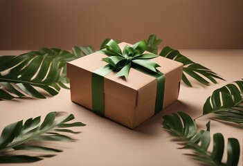 Brown Cardboard Carton gift box with ribbon and bow and fresh tropical green leaves on transparent b