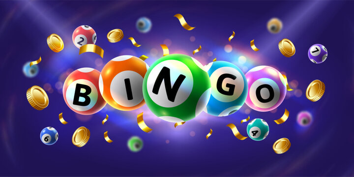 Bingo banner. Floating 3D lotto game balls, lotteries gaming event promotion with golden coins and falling confetti vector illustration
