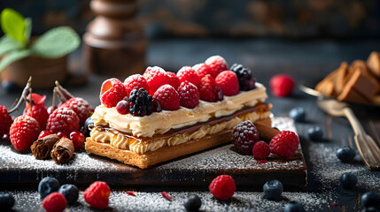 Mille feuille dessert with raspberries in black plate. ai generated
