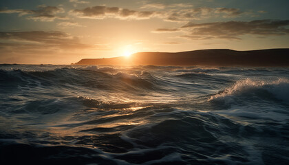 Obraz premium Tranquil sunset, wave breaking, reflecting yellow sunlight on water generated by AI