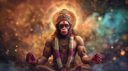 Meditating Hanuman, an ape-like deity, the monkey chief meditates serenely, the son of the wind god. - obrazy, fototapety, plakaty