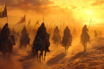 ancient arab background design, moments soldiers arabian before entering the battleground , Rembrandt Lighting - obrazy, fototapety, plakaty