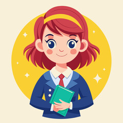 Fototapeta premium Smiling cartoon child studying with a book, girl enjoying a cup of coffee, and another girl with a cup in a school setting with a laptop and books, depicting education, learning, and happiness