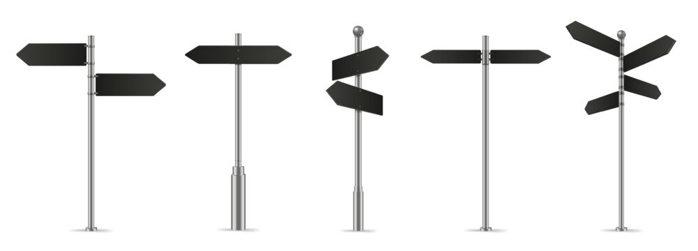 Finger Post. 3D wayfinding sign, black multi directional fingerposts isolated realistic vector illustration set