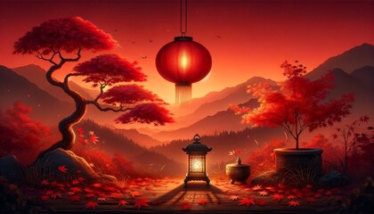 Autumn Twilight with Traditional Lanterns and Falling Maple Leaves