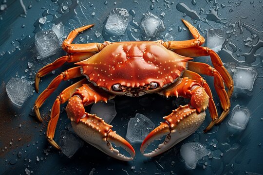 Expertly Cooked Crab on Ice with Grungy Blue Wooden Background. Generative ai