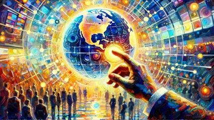 A businessman is holding a holographic globe, representing the global network.