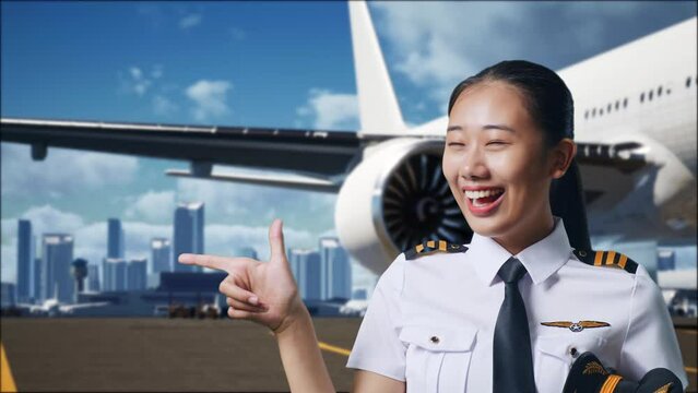 Close Up Of Asian Woman Pilot Smiling And Pointing To Side While Standing In Airfield With Airplane On Background
