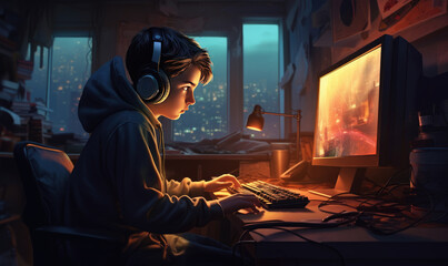 Exciting boy is playing PC games