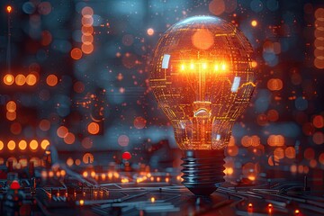Technology and innovation lightbulb symbolizing bright ideas. Creative minds meet tech laptops and drawings merge in futuristic office. Abstract blend of science and art glowing bulbs igniting