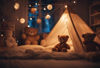 Cozy Childrens bedroom at night with toys teddy bear and a tent Kindergarten during night time - obrazy, fototapety, plakaty