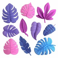 Set of tropical leaves in a playful mix of purple, pink, and blue, modeled in a cartoonish style, perfect for whimsical decor or creative projects.