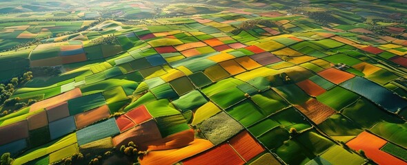 A panoramic aerial shot showcasing agricultural fields.