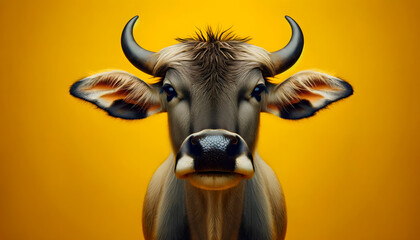 A close-up front view of a zebu on a yellow background - obrazy, fototapety, plakaty