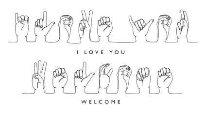 Sign deaf language. I love you and welcome word in American sign language ASL hand gestures continuous one line educational vector illustration set © WinWin