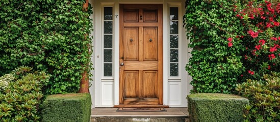 Wooden front door with floral and bush surroundings