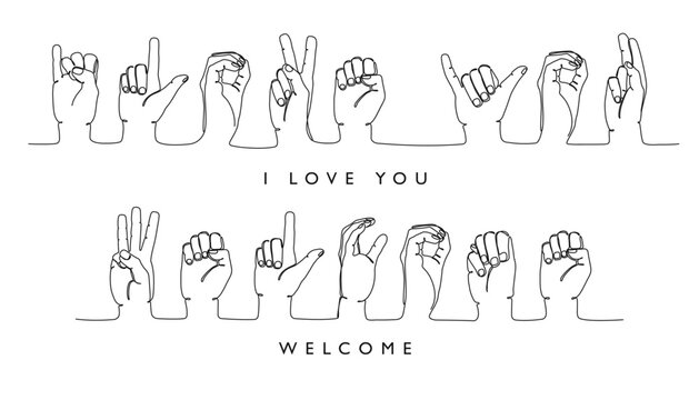 Sign deaf language. I love you and welcome word in American sign language ASL hand gestures continuous one line educational vector illustration set