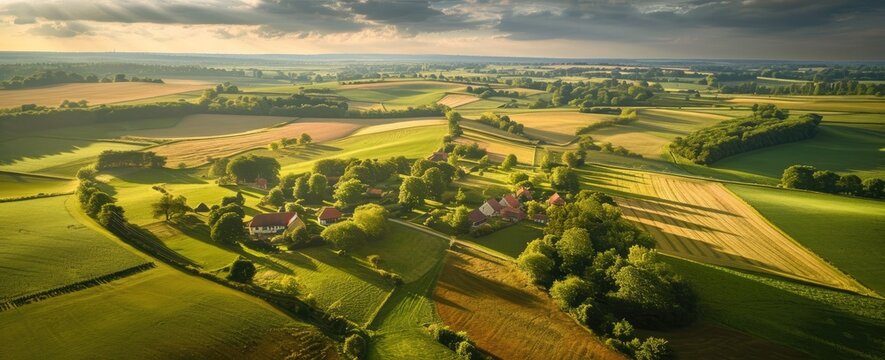 An aerial perspective of vast farmland stretching into the distance.