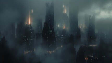 A dystopian cityscape with towering structures, obscured by fog and dim lights