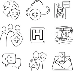 Hand draw solid black Illustration flat symbol Hospital insurance