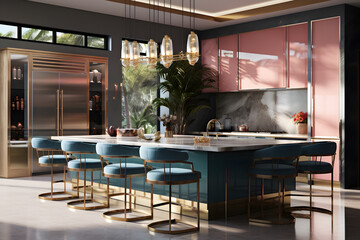 Modern Hollywood Glam kitchen with clean lines bold colors