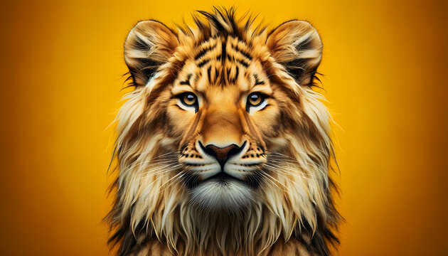 A close-up front view of a liger (hybrid offspring of a male lion and a female tiger) on a yellow background