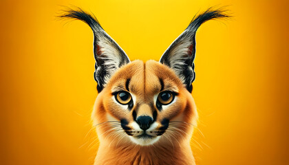 A close-up front view of a caracal on a yellow background
