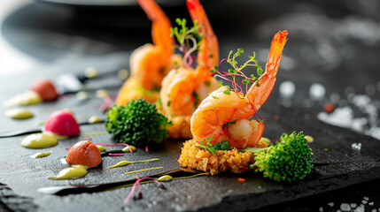 Illustration of fried spicy shrimp with tuna and broccoli on a black dish. Like a Michelin-star restaurant. Menu, culinary art.