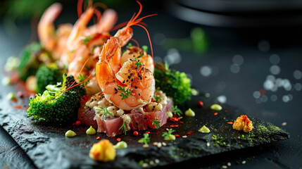 Illustration of fried spicy shrimp with tuna and broccoli on a black dish. Like a Michelin-star restaurant. Menu, culinary art. - obrazy, fototapety, plakaty