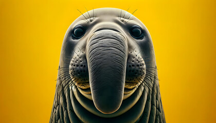 A close-up front view of a elephant seal on a yellow background - obrazy, fototapety, plakaty