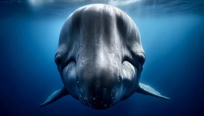 Naklejka premium A close-up front view of a sperm whale on a ocean background