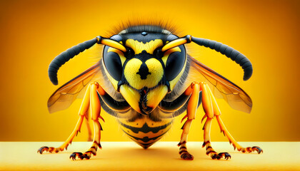 A close-up front view of a wasp on a yellow background
