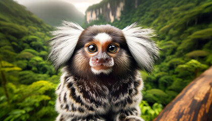 A close-up front view of a common marmoset (Callithrix jacchus) on a background of the Brazilian Atlantic Forest