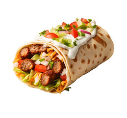 Shawarma sandwich fresh roll of, Grilled Meat and salad tortilla wrap with white sauce isolated on png background