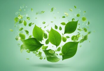 Green Floating Leaves Flying Leaves Green Leaf Dancing isolated on transparent background Flying whi