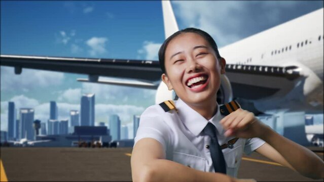Close Up Of Asian Woman Pilot Dancing And Celebrating While Standing In Airfield With Airplane On Background
