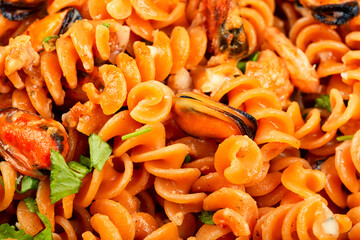 Close up of seafood pasta.