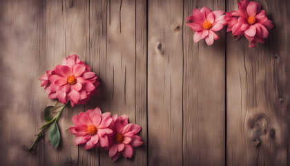 Dark pink flowers on wooden background