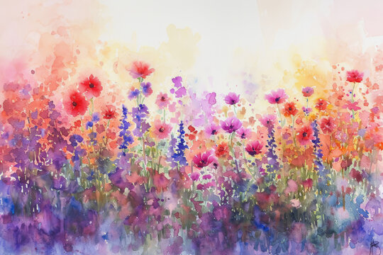 Abstract flower field watercolor painting