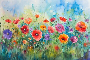 Abstract flower field watercolor painting