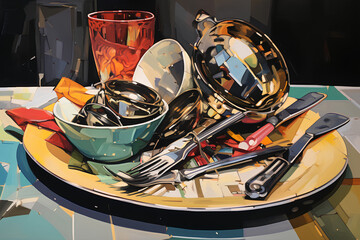 Contemporary Painting of Abstracted Dining Utensils and Kitchen Wares