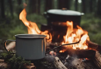 Deurstickers Metal campfire enamel mug with hot herbal tea on campfire a pot of water boiling over a fire and a f © ArtisticLens
