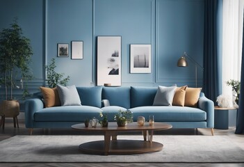 Modern blue living room design with sofa and furniture Blurred bright living room with sofa and flow