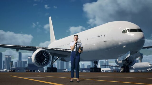 Full Body Of Asian Woman Pilot Looking At Camera And Making Shh Gesture In Airfield With Airplane On Background
