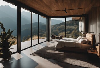 Modern luxury villa in minimalist style Glass house in the mountains Beautiful mountain views from m