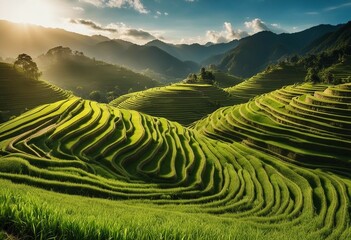 Panoramic landscape of Indonesian rice field terraces on a mountain ricefield terrace super wide ric