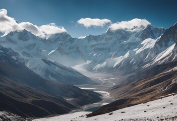 Panoramic view of himalayas mountains Mount Everest Panoramic view of the snowy mountains in Upper M - obrazy, fototapety, plakaty